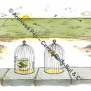 Deux cages face à l&#039;océan. Dans la première, un oiseau étonné regarde un…poisson volant placé dans un bocal à l&#039;intérieur de la seconde. 