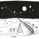 Deux cosmonautes examinent le sol lunaire sans se rendre compte qu&#039;ils se trouvent dans une empreinte géante. 