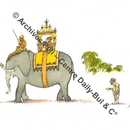 Maharadjah sur éléphant ayant une trompe terminée en jambe humaine passe devant un pauvre hindou unijambiste avec béquille. 