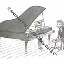 Piano à queue avec 2 jambes féminines dénudées et partition intitulée Symphonie érotique en présence d’un pianiste libidineux.