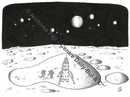 Deux cosmonautes examinent le sol lunaire sans se rendre compte qu'ils se trouvent dans une empreinte géante. 