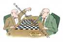 Deux financiers jouent aux échecs avec des pièces marquées  chômeurs  et  travailleurs . 